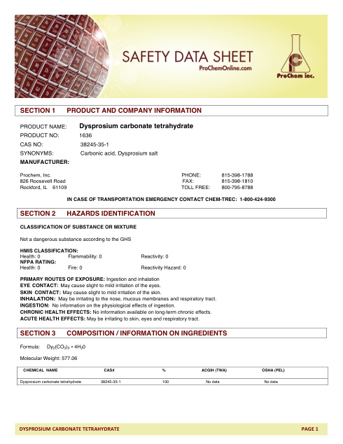 First page of Dysprosium carbonate tetrahydrate 1636 SDS – ProChem, Inc.