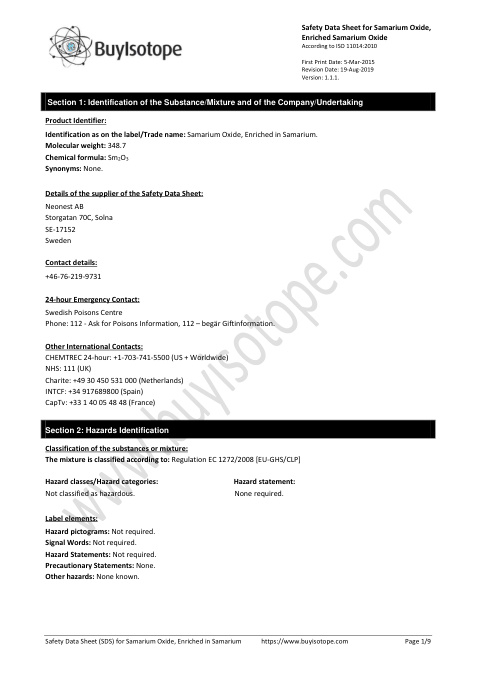 First page of Samarium Oxide, Enriched in Samarium. | SDS | CAS 12060-58-1 | Neonest AB | Version 1.1.1 | English | 19-Aug-2019