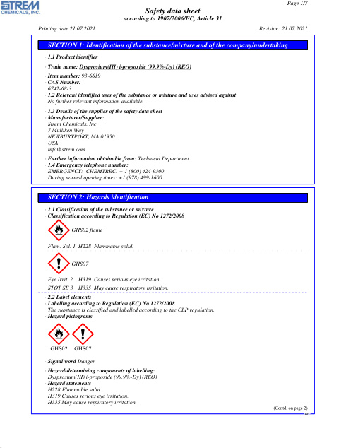 First page of Dysprosium(III) i-propoxide (99.9%-Dy) (REO) 93-6619 SDS – Strem Chemicals, Inc.