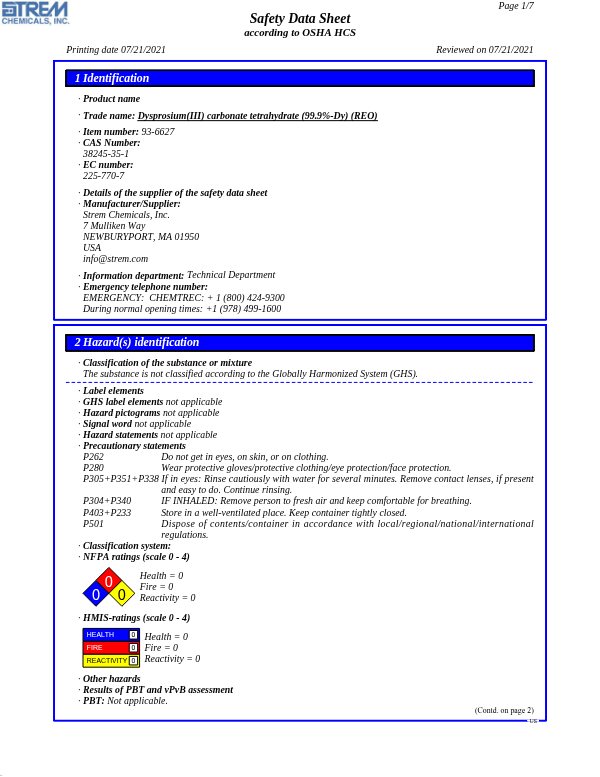 First page of · Trade name: Dysprosium(III) carbonate tetrahydrate (99.9%-Dy) (REO) 93-6627 SDS – Strem Chemicals, Inc.