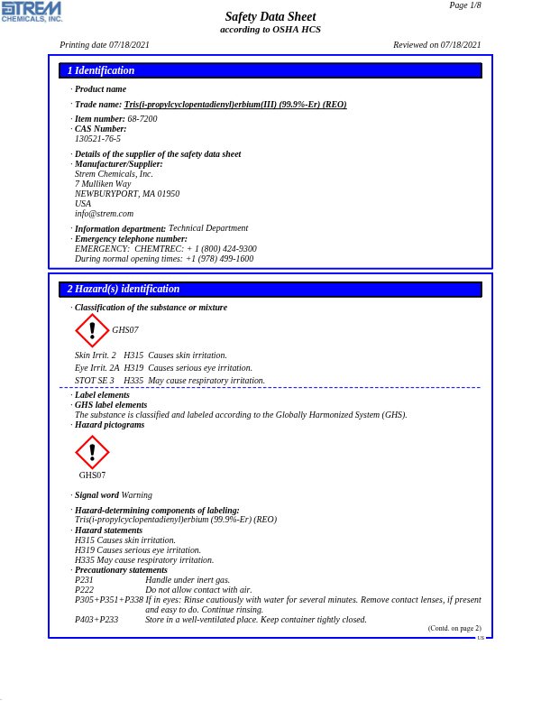 First page of · Trade name: Tris(i-propylcyclopentadienyl)erbium(III) (99.9%-Er) (REO) 68-7200 SDS – Strem Chemicals, Inc.