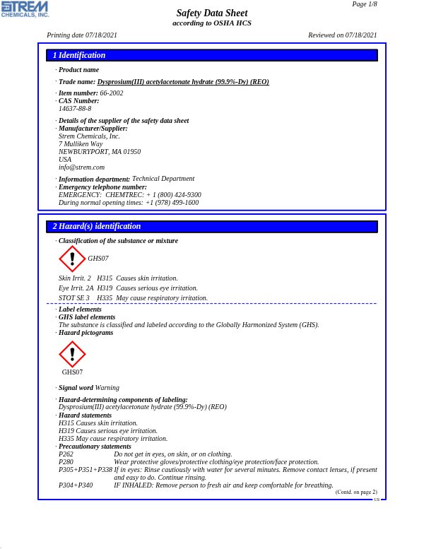 First page of · Trade name: Dysprosium(III) acetylacetonate hydrate (99.9%-Dy) (REO) 66-2002 SDS – Strem Chemicals, Inc.