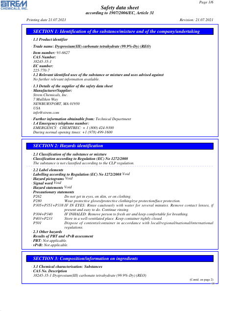 First page of Dysprosium(III) carbonate tetrahydrate (99.9%-Dy) (REO) 93-6627 SDS – Strem Chemicals, Inc.