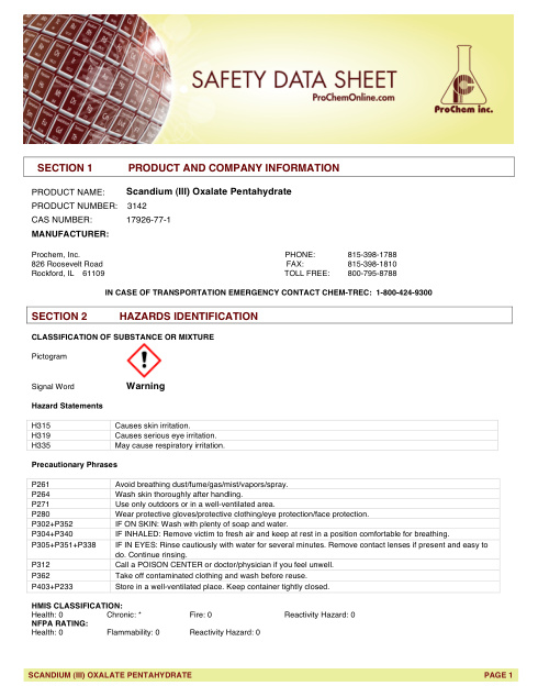 First page of Scandium (III) Oxalate Pentahydrate 3142 SDS – ProChem, Inc.