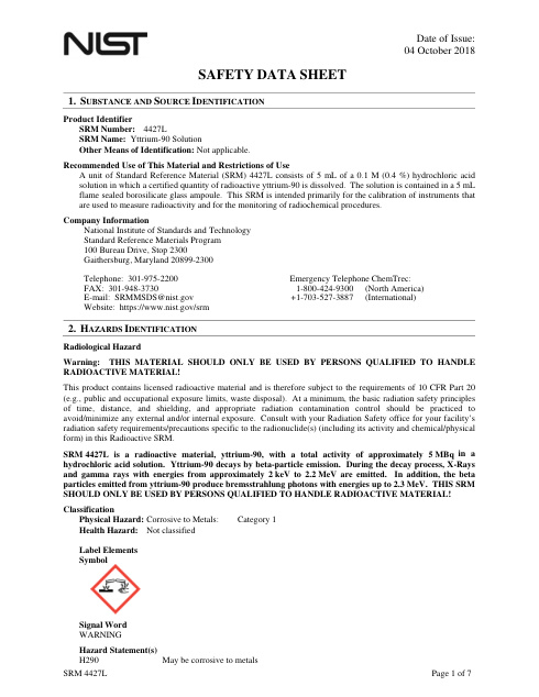 First page of Yttrium-90 in hydrochloric acid solution | SDS | National Institute of Standards and Technology (NIST) | NIST SRM 4427L | English | 04 October 2018