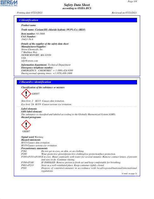 First page of Cerium(III) chloride hydrate (99.9%-Ce) (REO) 93-5808 SDS – Strem Chemicals, Inc.