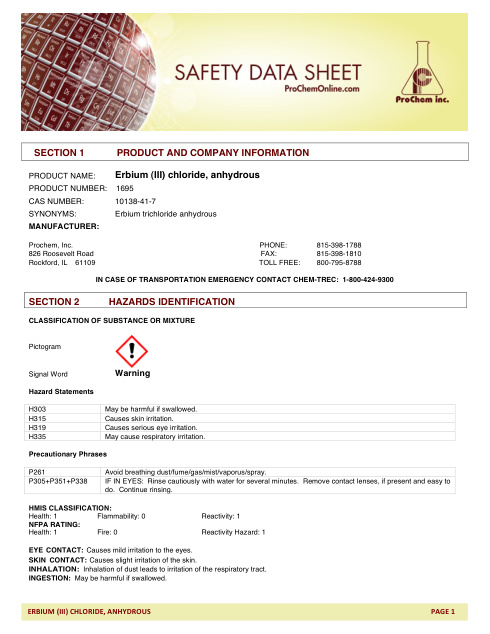 First page of Erbium (III) chloride, anhydrous 1695 SDS – ProChem, Inc.
