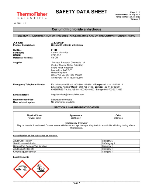 First page of Cerium(III) chloride anhydrous ALFAA21112 SDS – Avocado Research Chemicals Ltd. (Part of Thermo Fisher Scientific)