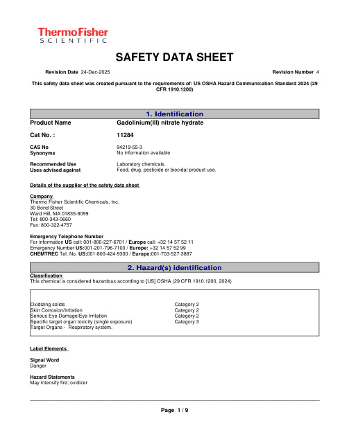 First page of Gadolinium(III) nitrate hydrate | SDS | CAS 94219-55-3 | Thermo Fisher Scientific | 11284 | English | 24-Dec-2025 · Revision 4