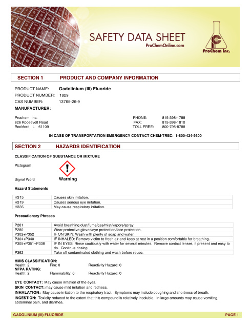 First page of Gadolinium (III) Fluoride | SDS | CAS 13765-26-9 | ProChem | 1829 | English