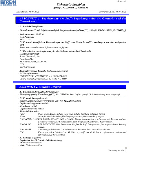 First page of Tris(2,2,6,6-tetramethyl-3,5-heptanedionato)erbium(III), 99% (99.9%-Er) (REO) [Er(TMHD)₃] 68-8750 SDS – Strem Chemicals, Inc.