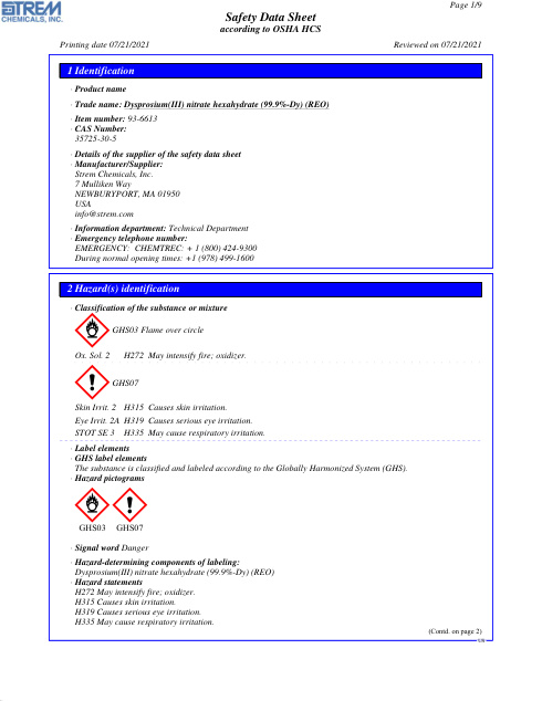 First page of Dysprosium(III) nitrate hexahydrate (99.9%-Dy) (REO) 93-6613 SDS – Strem Chemicals, Inc.