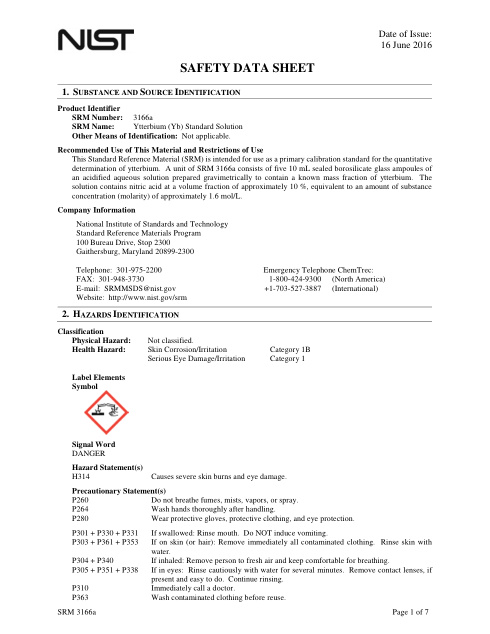 First page of Ytterbium (Yb) Standard Solution | SDS | National Institute of Standards and Technology (NIST) | SRM 3166a | English | 16 June 2016