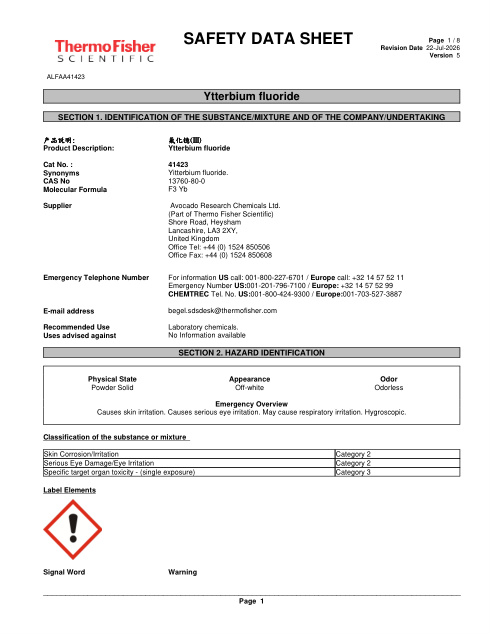 First page of Ytterbium fluoride ALFAA41423 SDS – Avocado Research Chemicals Ltd. (Part of Thermo Fisher Scientific)