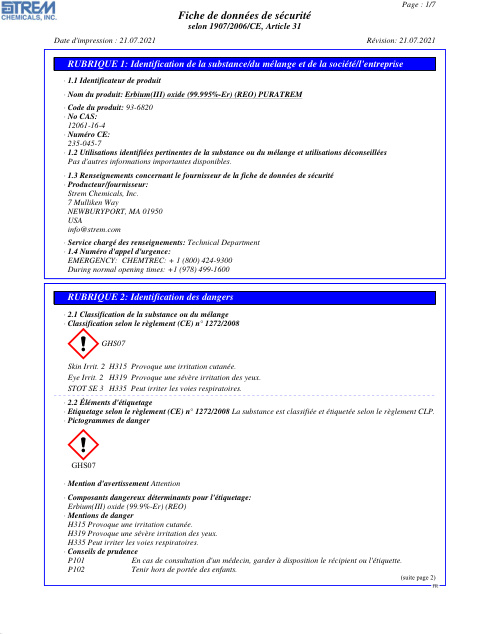 First page of Erbium(III) oxide (99.995%-Er) (REO) PURATREM 93-6820 SDS – Strem Chemicals, Inc.
