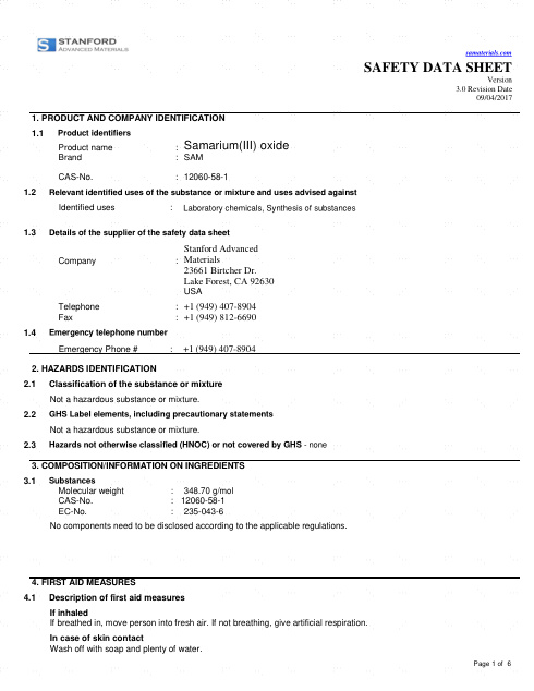 First page of Samarium(III) oxide | SDS | CAS 12060-58-1 | Stanford Advanced Materials | Version 3.0 | English | 09/04/2017