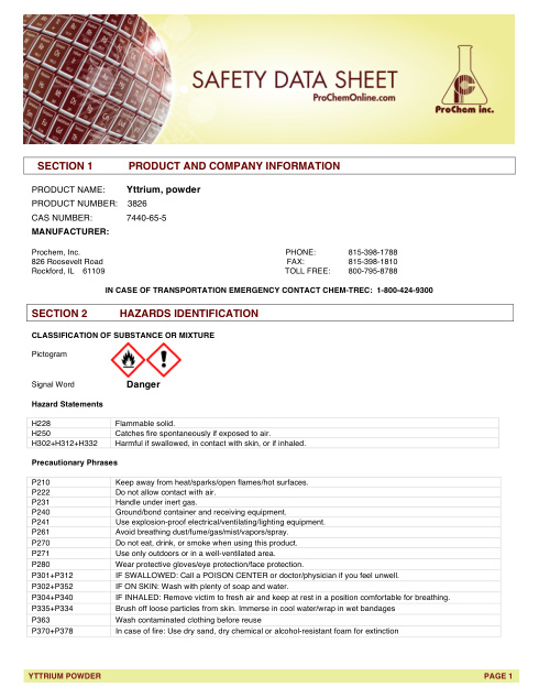First page of Yttrium, powder 3826 SDS – ProChem, Inc.