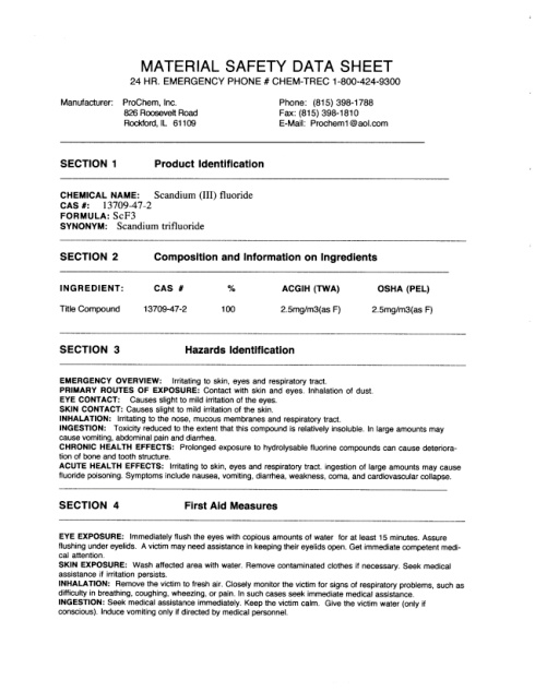 First page of Scandium (III) fluoride SDS – ProChem, Inc.