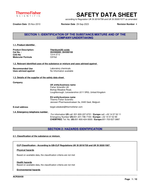 First page of Ytterbium(III) oxide ACR26430 SDS – Thermo Fisher Scientific / Acros Organics