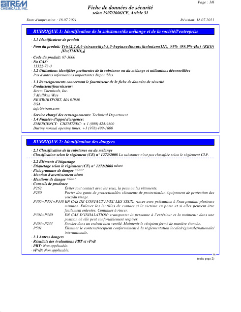 First page of Tris(2,2,6,6-tetramethyl-3,5-heptanedionato)holmium(III), 99% (99.9%-Ho) (REO) 67-5000 SDS – Strem Chemicals, Inc.