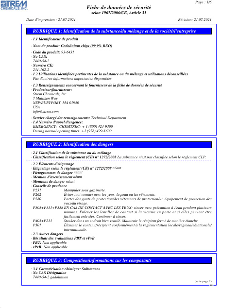 First page of Gadolinium chips (99.9% REO) | SDS | CAS 7440-54-2 | Strem | 93-6431 | French