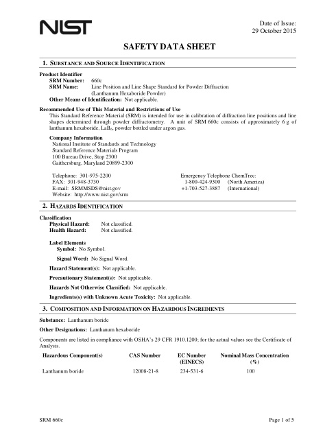 First page of Lanthanum hexaboride (LaB6) | SDS | CAS 12008-21-8 | National Institute of Standards and Technology (NIST) | SRM 660c | English | 29 October 2015
