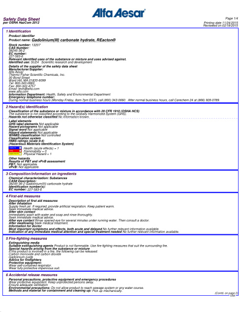 First page of Gadolinium(III) carbonate hydrate, REacton® | SDS | CAS 38245-36-2 | Alfa-Aesar | English | 11/24/2015