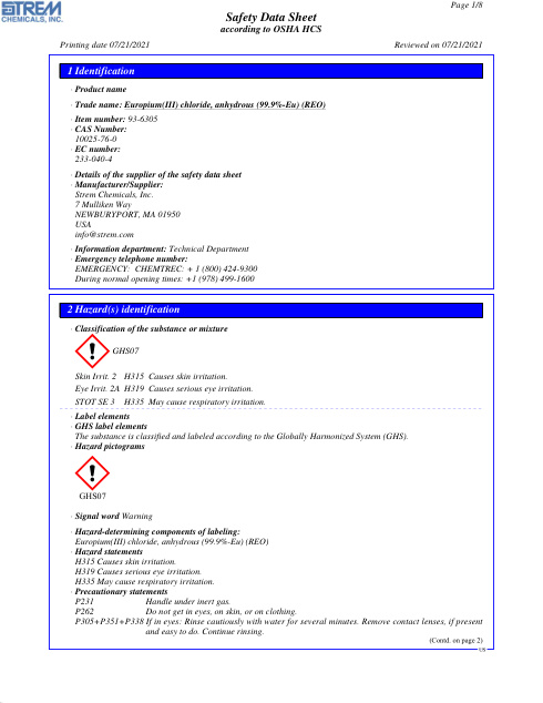First page of Europium(III) chloride, anhydrous (99.9%-Eu) (REO) 93-6305 SDS – Strem Chemicals, Inc.
