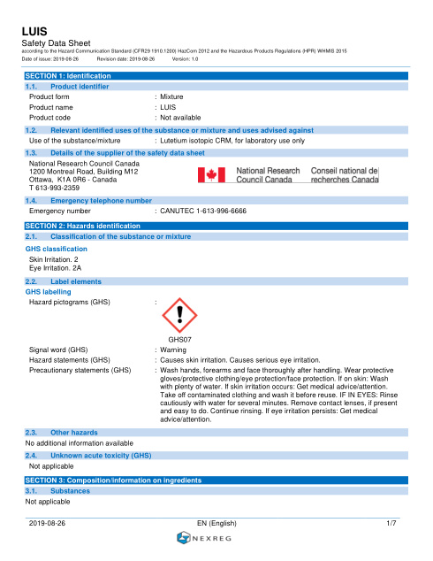 First page of LUIS-1 Lutetium Isotopic Certified Reference Material (calibration solution) | SDS | National Research Council Canada | LUIS-1 CRM · SDS product name LUIS · Version 1.0 | English | 26 August 2019