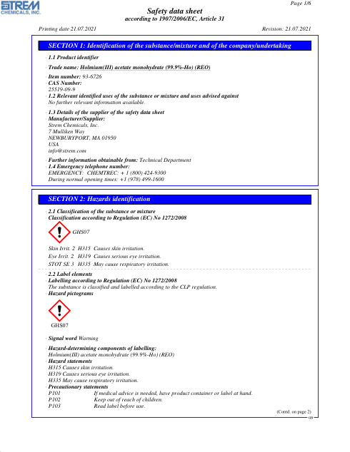 First page of Holmium(III) acetate monohydrate (99.9%-Ho) (REO) 93-6726 SDS – Strem Chemicals, Inc.