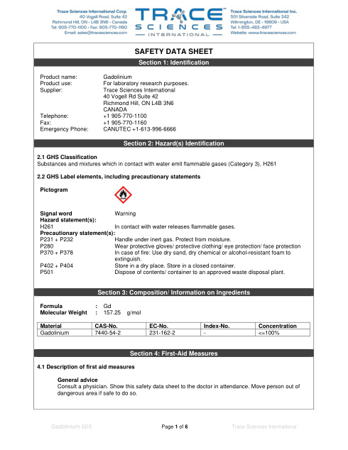 First page of Gadolinium | SDS | CAS 7440-54-2 | Trace Sciences | English