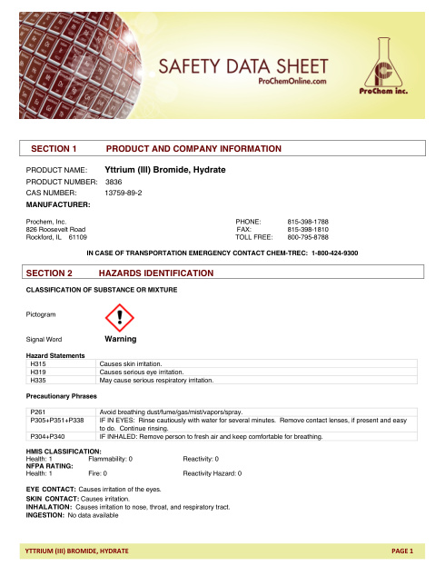 First page of Yttrium (III) Bromide, Hydrate 3836 SDS – ProChem, Inc.