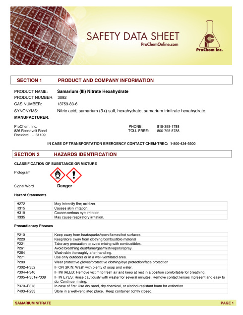 First page of Samarium (III) Nitrate Hexahydrate 3092 SDS – ProChem, Inc.