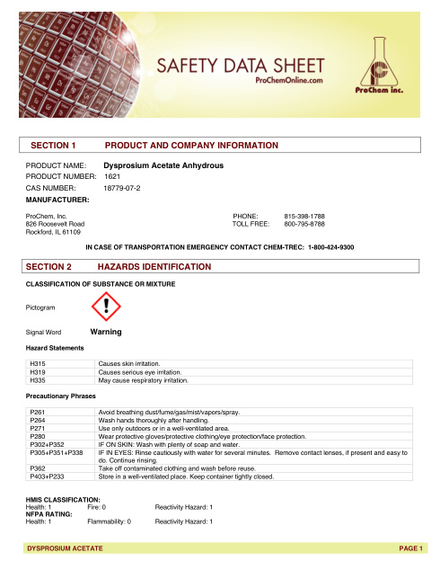 First page of Dysprosium Acetate Anhydrous 1621 SDS – ProChem, Inc.