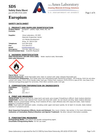 First page of Europium (Eu) Metal — Safety Data Sheet (SDS)