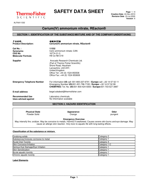 First page of Cerium(IV) ammonium nitrate, REacton® ALFAA11332 SDS – Avocado Research Chemicals Ltd. (Part of Thermo Fisher Scientific)