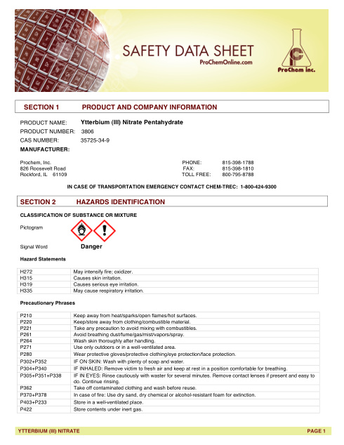First page of Ytterbium (III) Nitrate Pentahydrate 3806 SDS – ProChem, Inc.