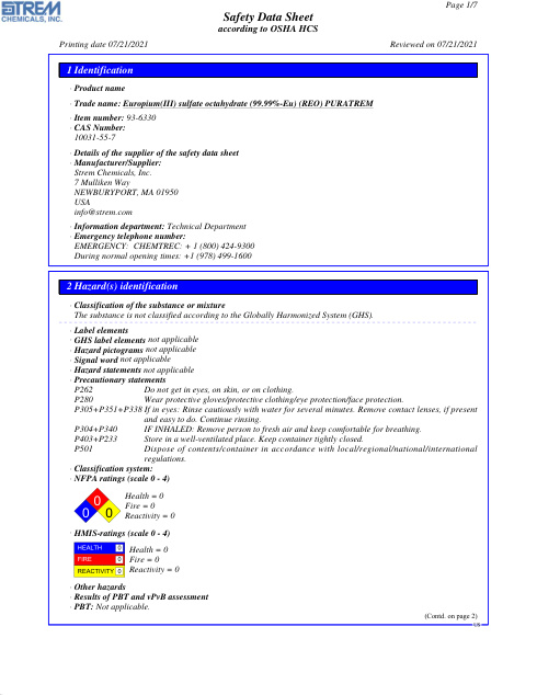 First page of Europium(III) sulfate octahydrate (99.99%-Eu) (REO) PURATREM 93-6330 SDS – Strem Chemicals, Inc.