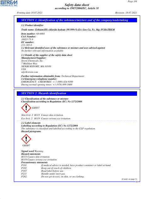 First page of Erbium(III) chloride hydrate (99.999+%-Er) (low Ca, Fe, Mg) PURATREM 68-6805 SDS – Strem Chemicals, Inc.