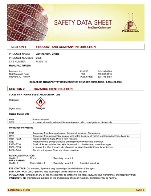First page of Lanthanum, Chips 2098 SDS – ProChem, Inc.
