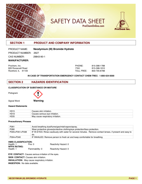 First page of Neodymium (III) Bromide Hydrate 2627 SDS – ProChem, Inc.