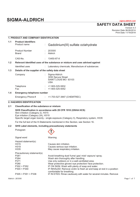 First page of Gadolinium(III) sulfate octahydrate | SDS | CAS 13450-87-8 | Sigma-Aldrich | 203300 | English | 06/28/2014 · Version 4.3