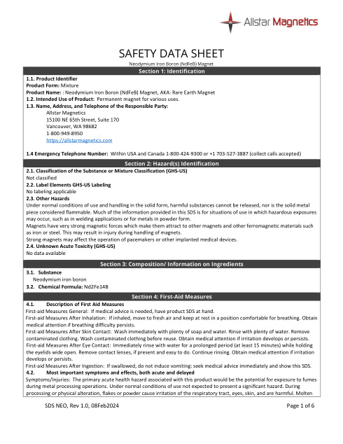 First page of Neodymium Iron Boron (NdFeB) Magnet | SDS | Allstar Magnetics | Rev 1.0 | English | 2024-02-08