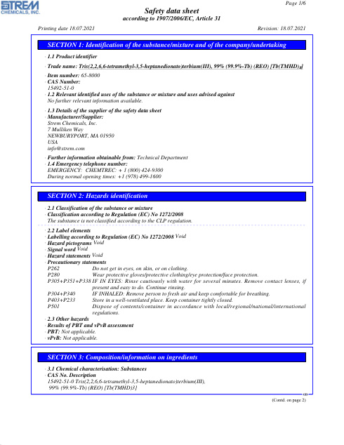First page of Tris(2,2,6,6-tetramethyl-3,5-heptanedionato)terbium(III), 99% (99.9%-Tb) (REO) [Tb(TMHD)₃] 65-8000 SDS – Strem Chemicals, Inc.