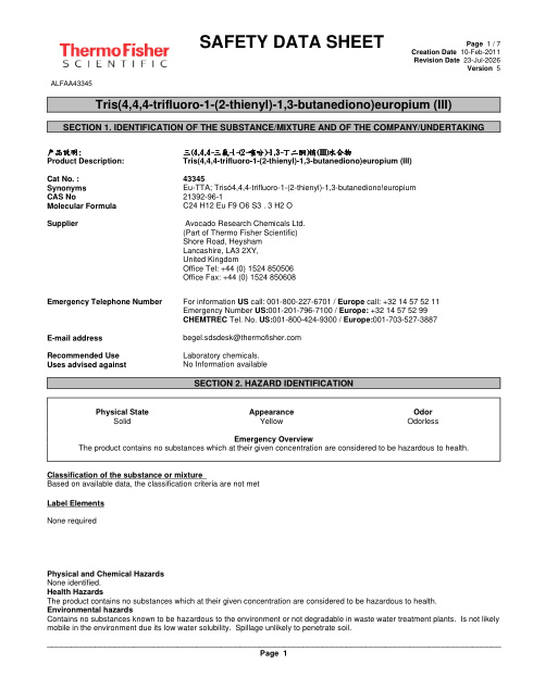 First page of Tris(4,4,4-trifluoro-1-(2-thienyl)-1,3-butanediono)europium (III) ALFAA43345 SDS – Avocado Research Chemicals Ltd. (Part of Thermo Fisher Scientific)