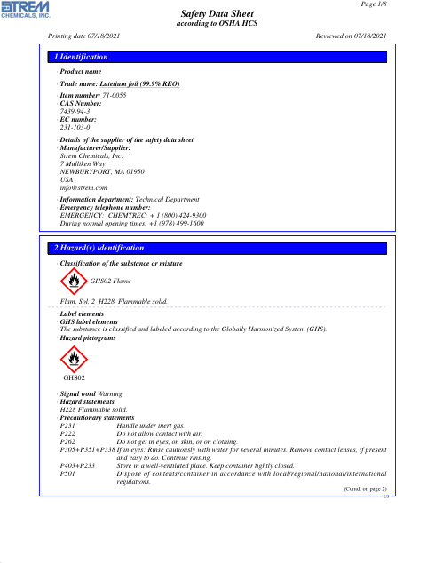 First page of Lutetium foil (99.9% REO) 71-0055 SDS – Strem Chemicals, Inc.