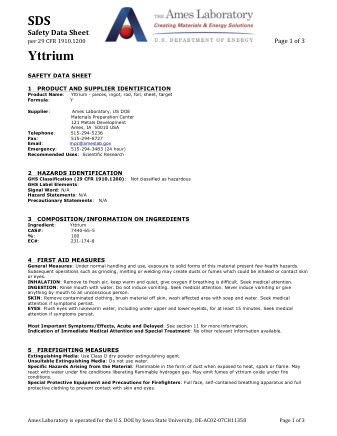 First page of Yttrium (Y) Metal — Safety Data Sheet (SDS)