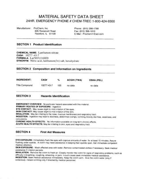 First page of Lanthanum nitrate SDS – ProChem, Inc.