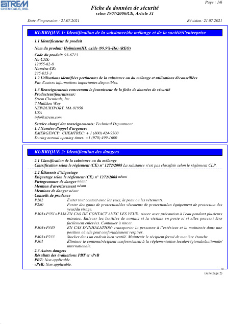 First page of Holmium(III) oxide (99.9%-Ho) (REO) 93-6713 SDS – Strem Chemicals, Inc.