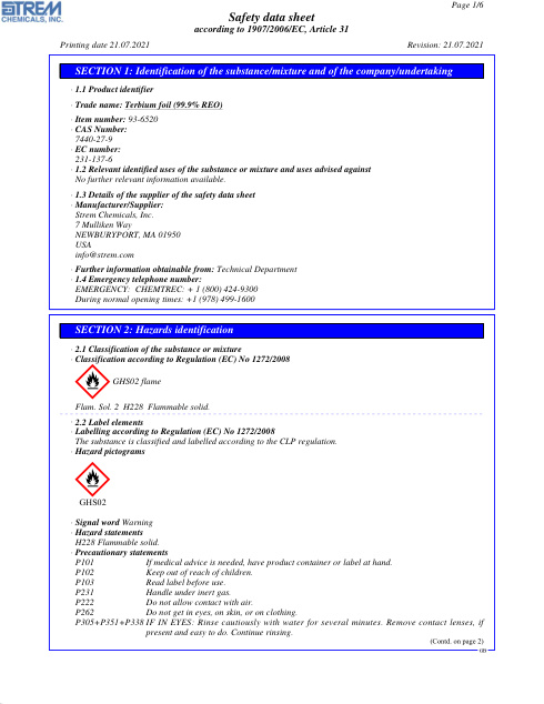 First page of Terbium foil (99.9% REO) 93-6520 SDS – Strem Chemicals, Inc.